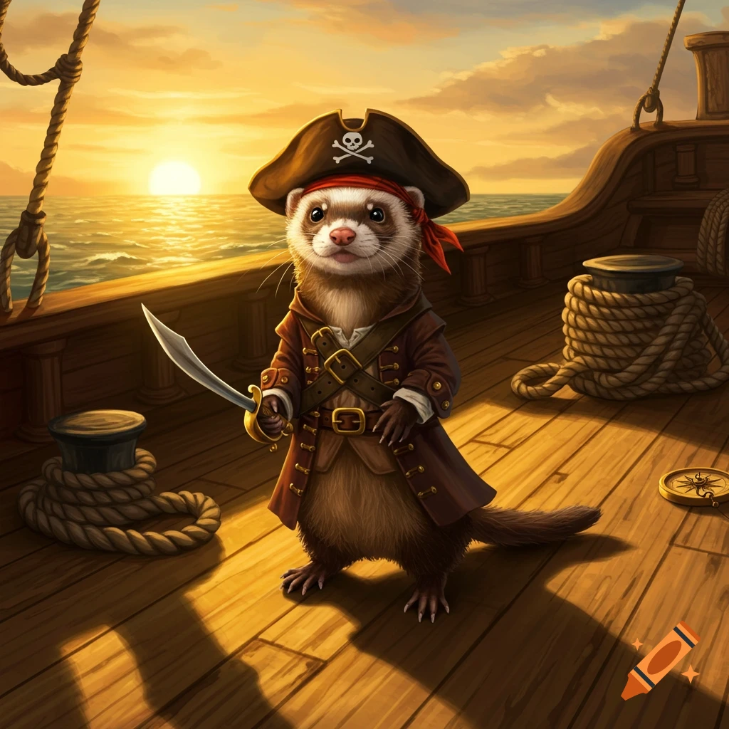 A cute ferret dressed as a pirate stands on a ship's deck with a sword at sunset.