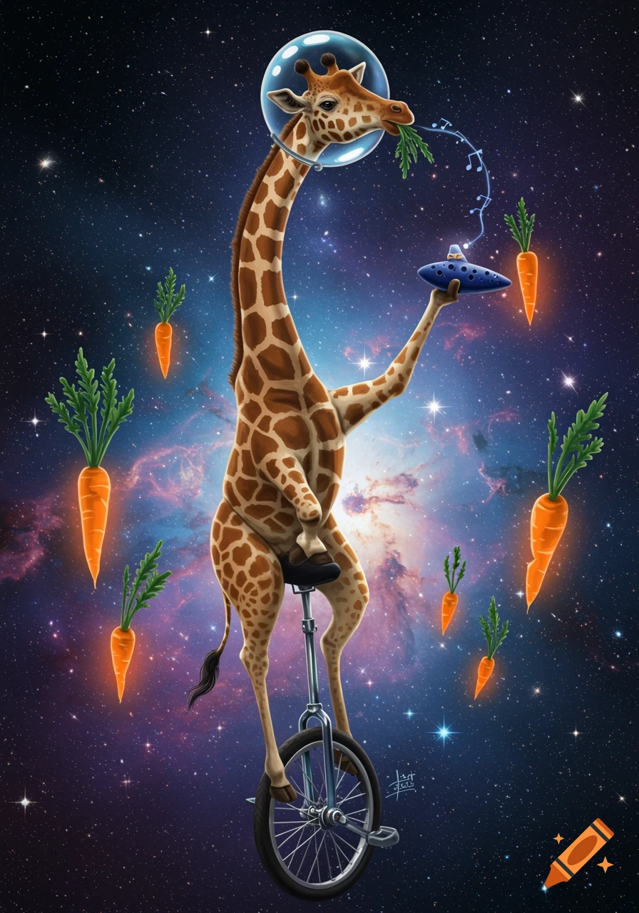 A whimsical giraffe in an astronaut helmet rides a unicycle in space, eating a carrot and playing an ocarina, with glowing carrots floating around.
