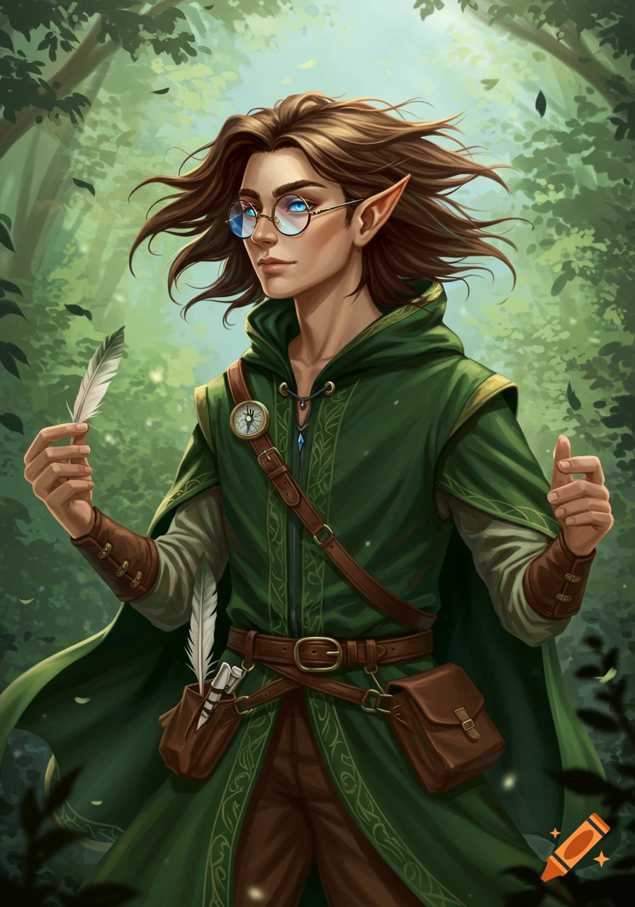 A male half-elf with windswept brown hair, round glasses, and a green hooded robe stands in a forest, holding a quill.