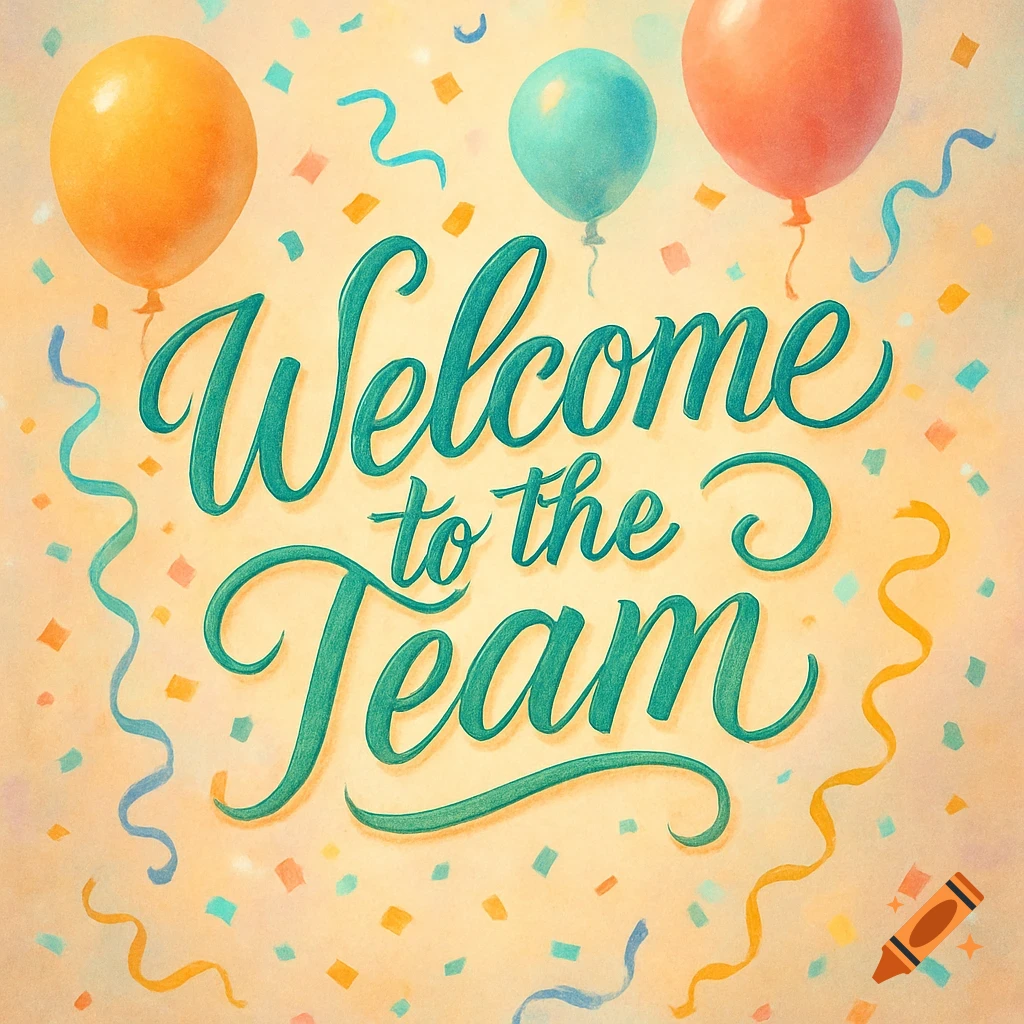 A vibrant illustration with 'Welcome to the Team' in green script, surrounded by orange, blue, and red balloons, colorful confetti, and streamers on a light background.