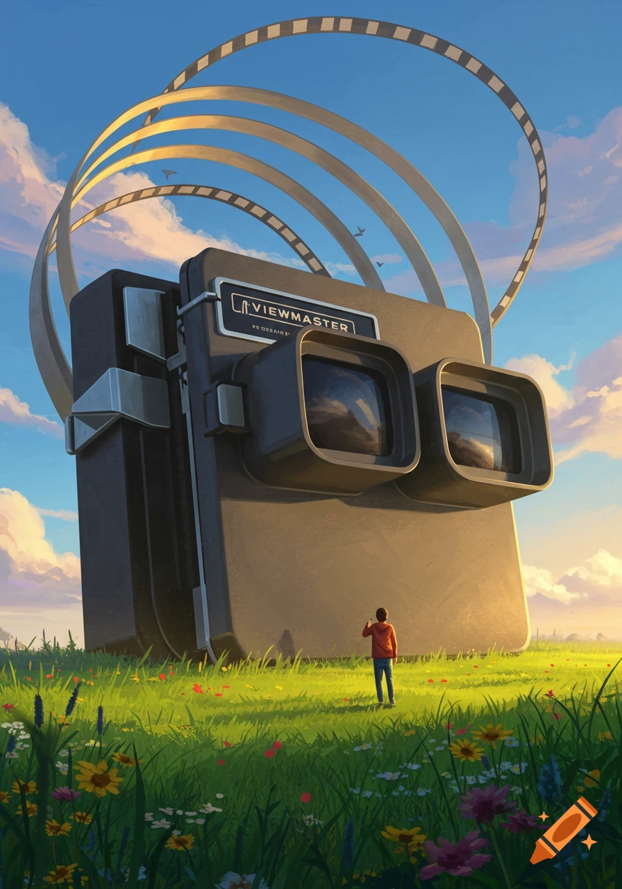 A giant Viewmaster device stands in a vibrant green field of wildflowers under a blue sky with clouds, as a small person looks up at it.