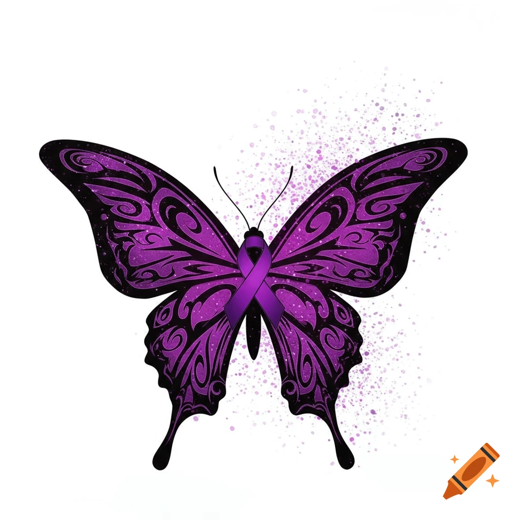 A vibrant purple and black tribal butterfly with a purple awareness ribbon on its body, surrounded by purple speckles on a white background.