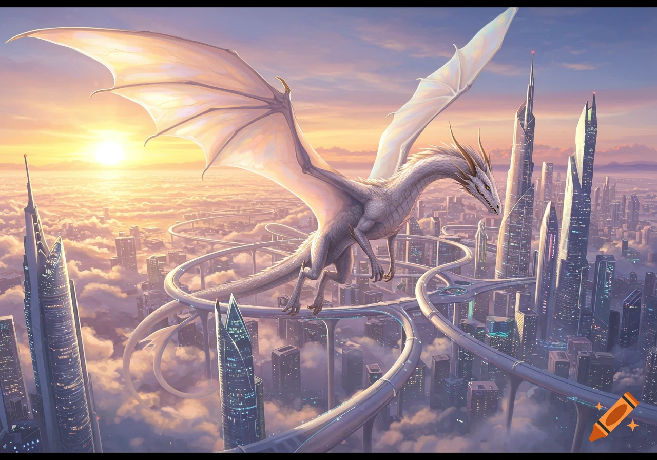 A majestic white dragon soars above a futuristic cityscape, bathed in the warm glow of sunset over a sea of clouds.