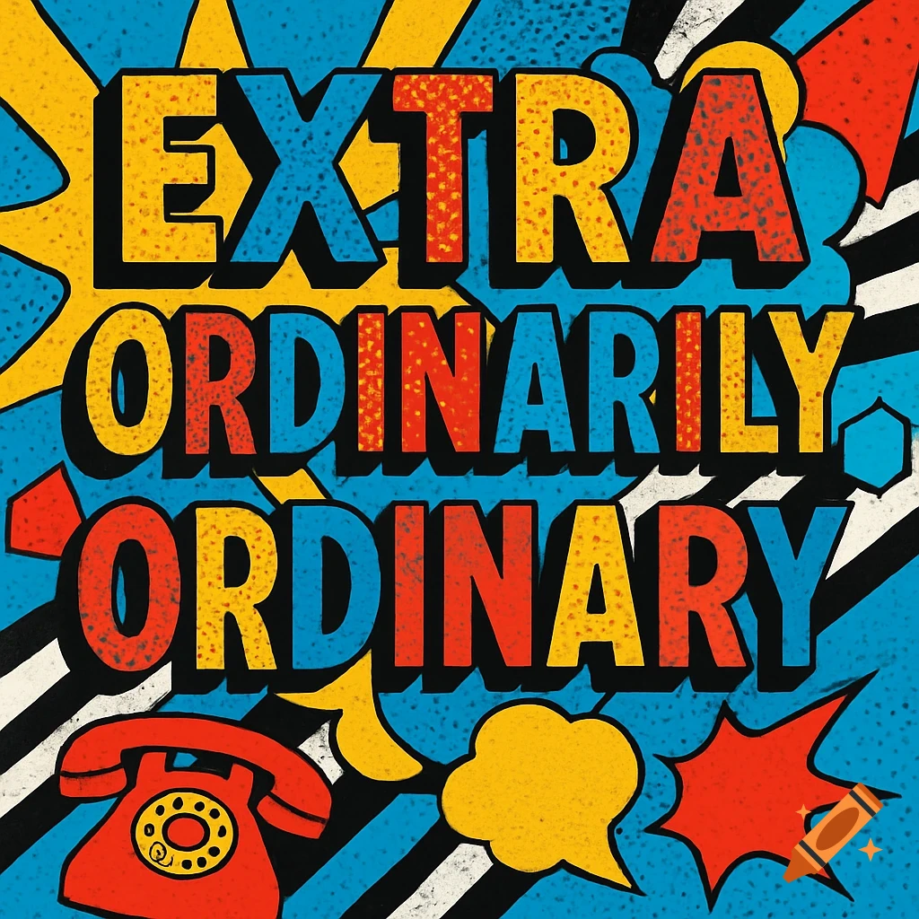 A colorful pop art style graphic with the words 'EXTRAORDINARILY ORDINARY' in large, bold letters, with a red vintage telephone in the bottom left corner.