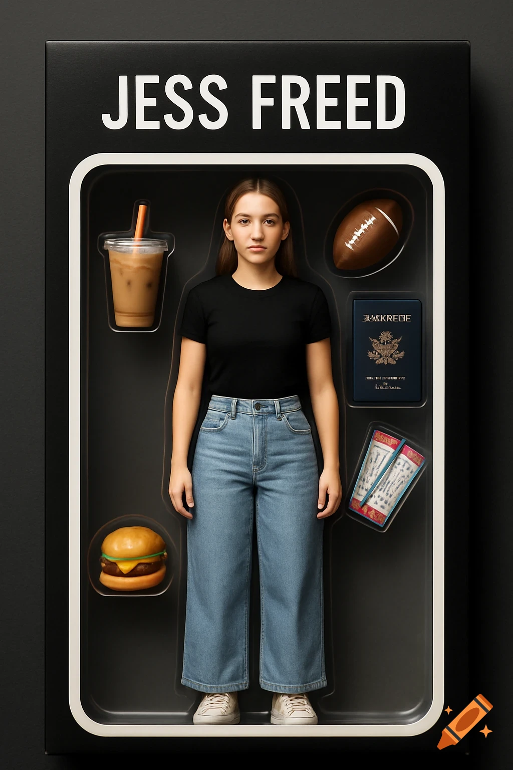 A young woman is depicted as an action figure inside a black box with "JESS FREED" at the top, surrounded by accessories.