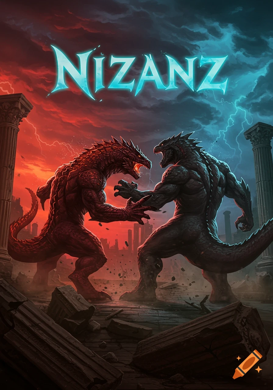Two large, muscular reptilian monsters battle under a stormy sky with lightning, amidst ancient ruins. The word NIZANZ floats above.