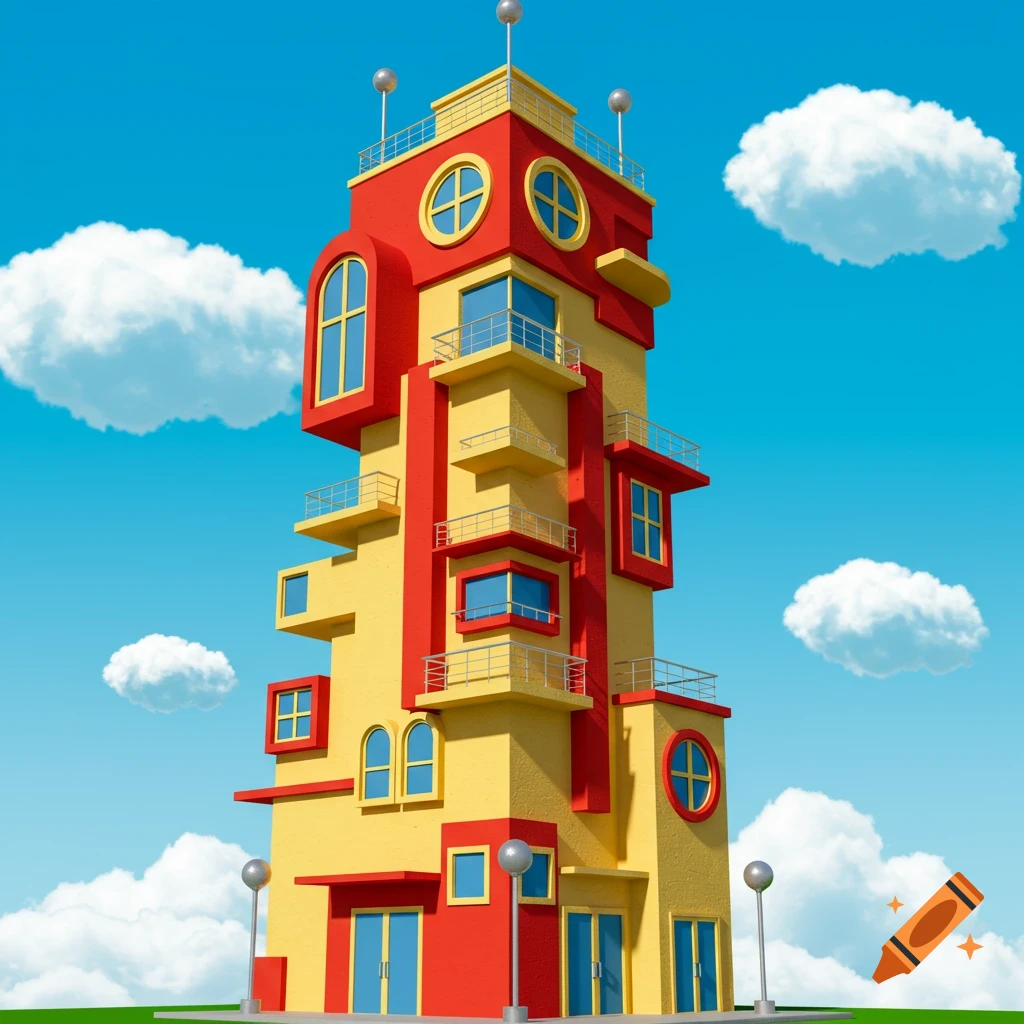A tall, playful postmodern building with red and yellow sections, featuring geometric windows and balconies, under a bright blue sky with white clouds.