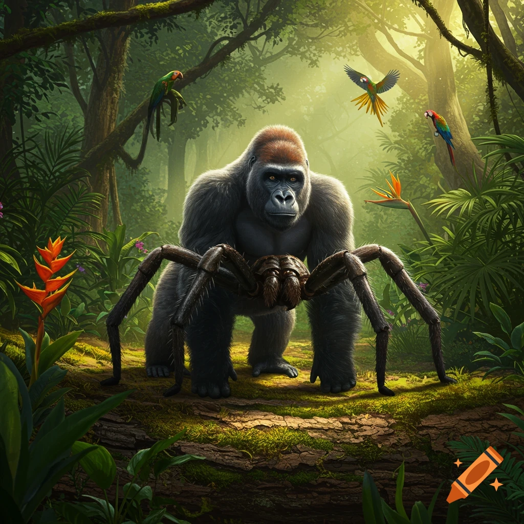 A photorealistic image of a large silverback gorilla holding a giant tarantula-like spider in a lush jungle with trees and birds.