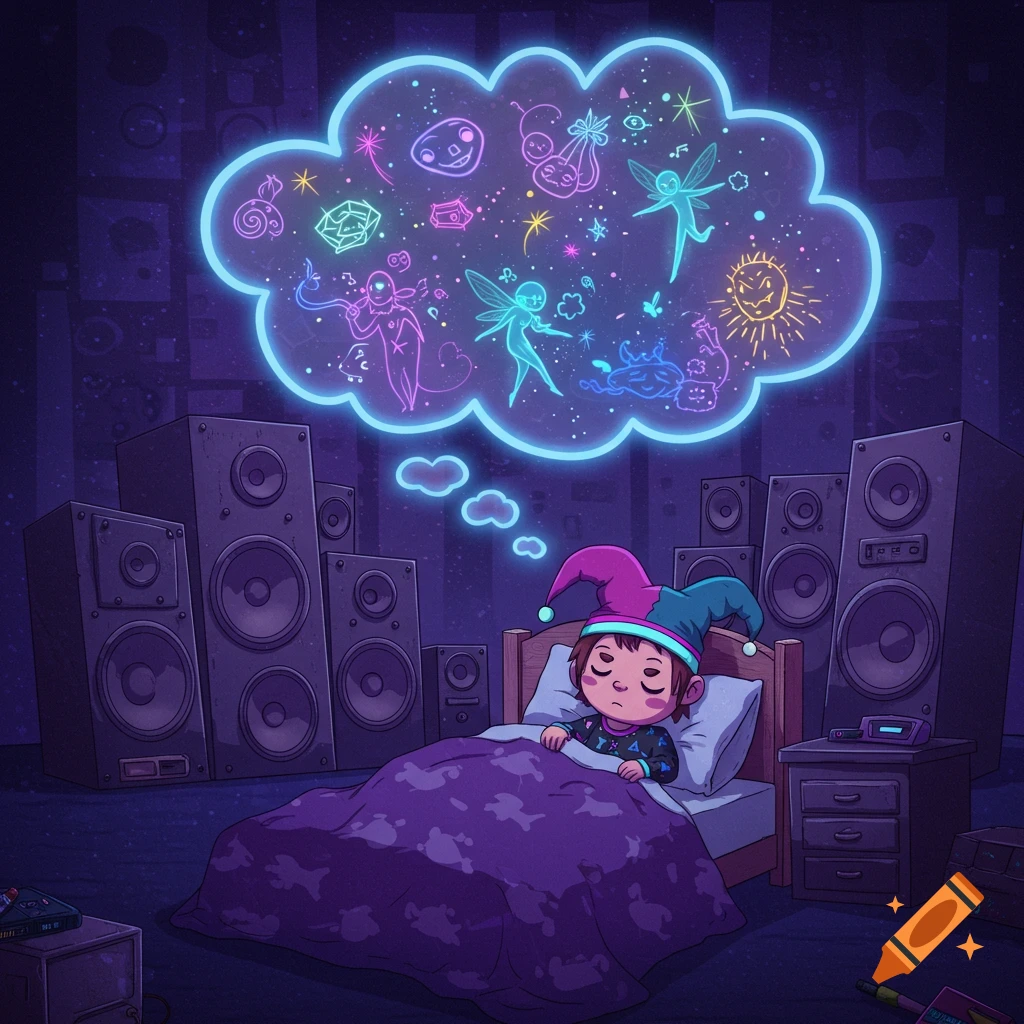 A cartoon child sleeps in bed, surrounded by huge speakers, with a glowing thought bubble displaying colorful dream imagery.