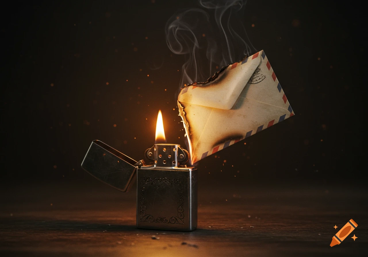 A photorealistic image of a vintage Zippo lighter with a lit flame burning the corner of an old envelope, with smoke rising on a dark background.