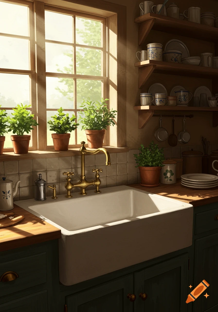 A sunlit kitchen with a farmhouse sink, brass faucet, and potted plants on the windowsill. Shelves with dishes are to the right.