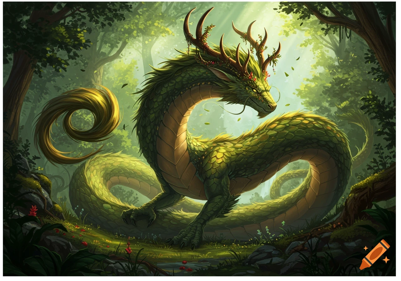 A vibrant green, scaly dragon with antler-like horns adorned with foliage stands in a sunlit, mystical forest.