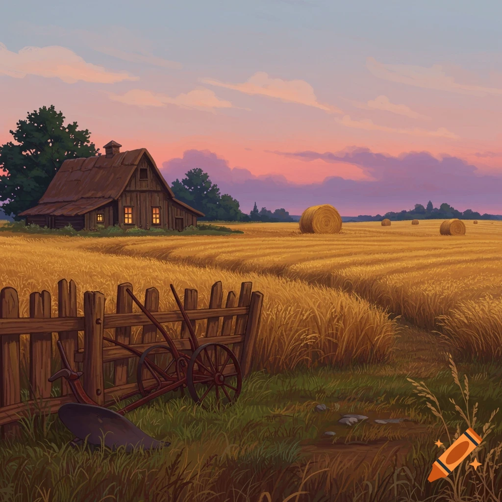 A rustic barn with illuminated windows in a golden field of wheat and hay bales at sunset, with a wooden fence and an old plow in the foreground.
