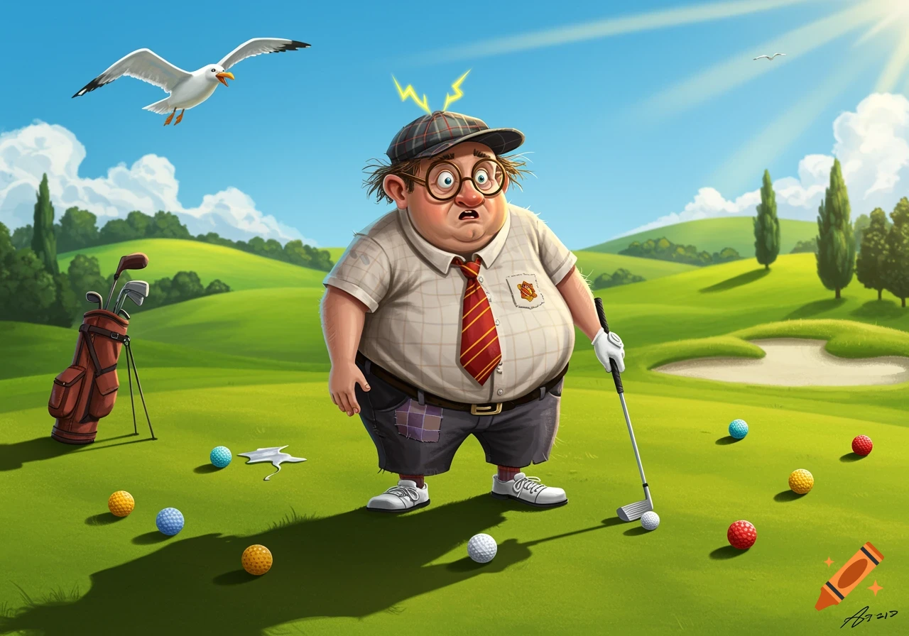 A cartoon of a portly, surprised man in glasses and a golf cap on a green golf course, with a seagull flying.