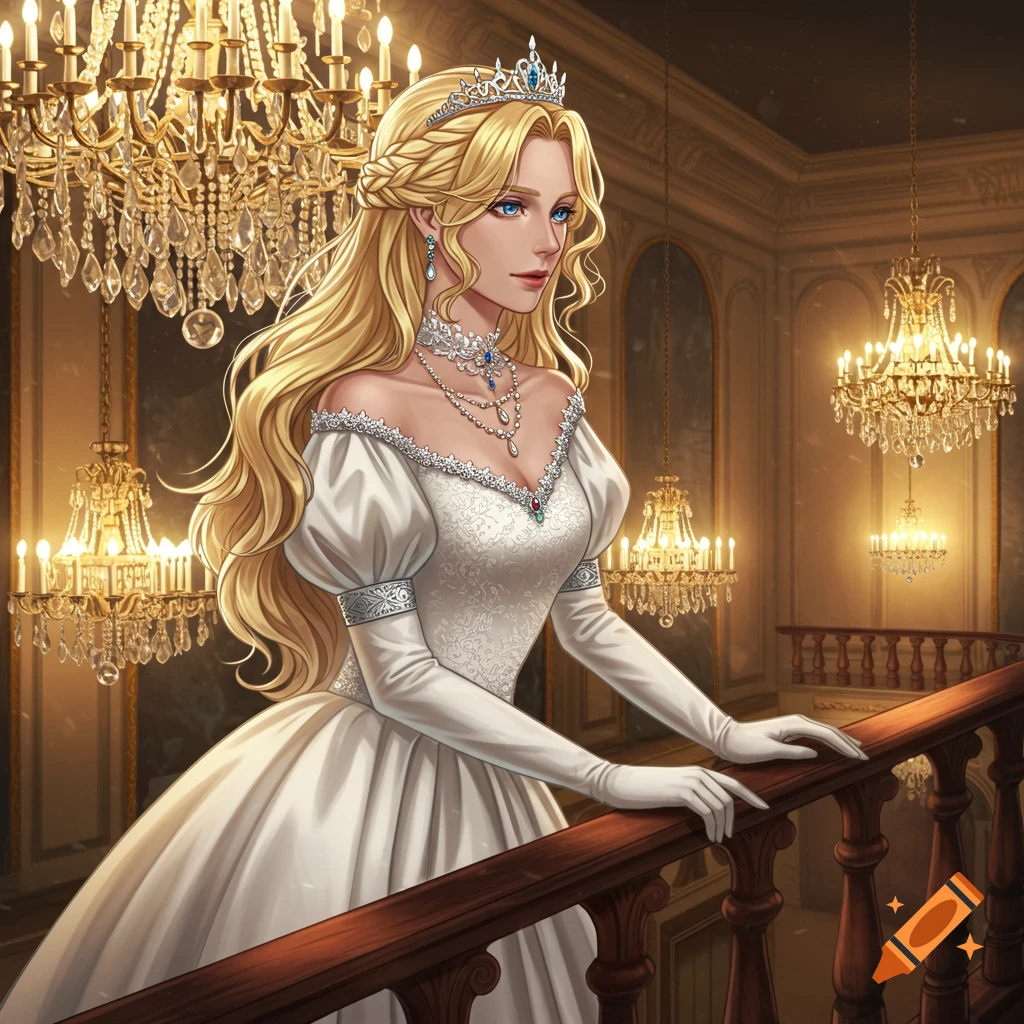 An anime blonde woman in a white royal dress and tiara stands on a grand staircase with chandeliers.