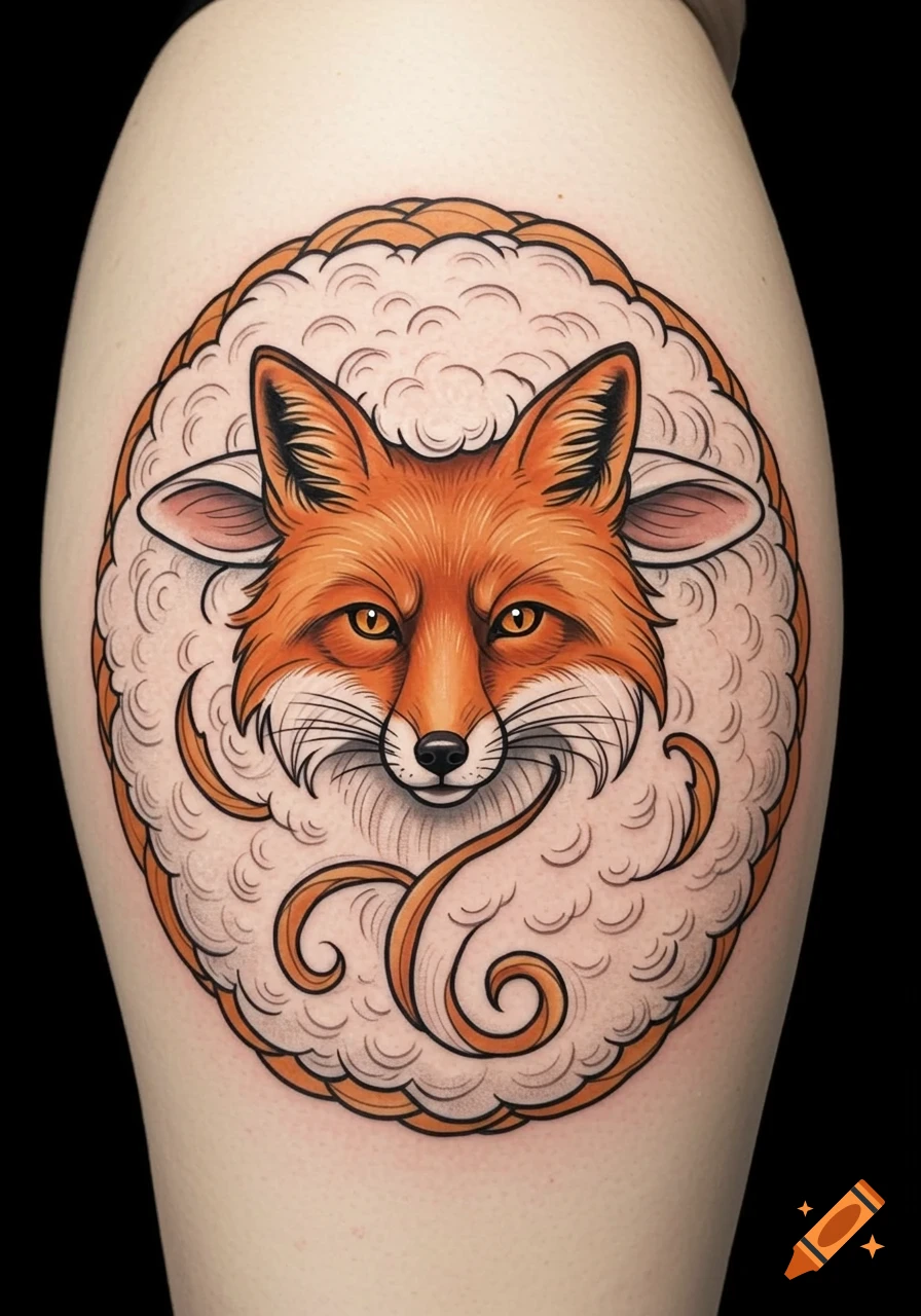 A stylized tattoo of a fox head surrounded by white sheep's wool on a person's limb.