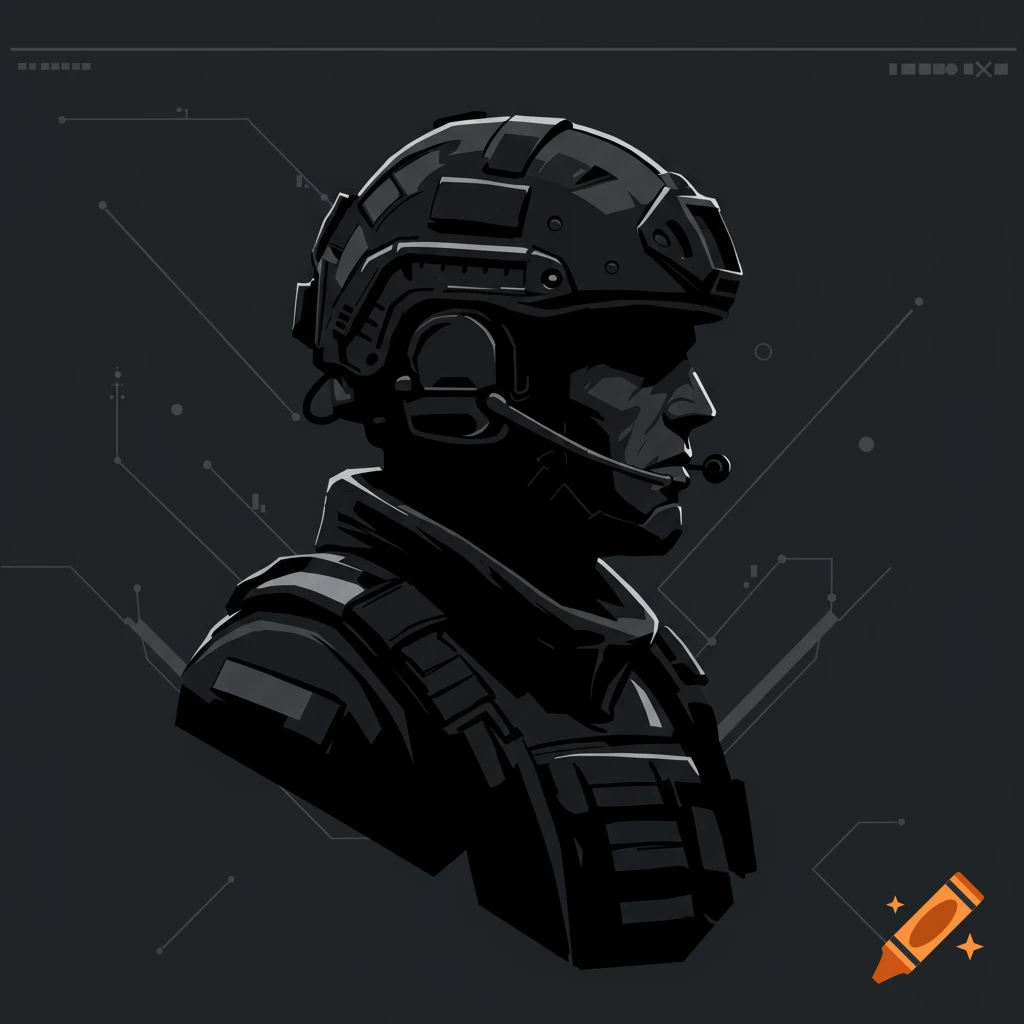 Dark, stylized illustration of a modern soldier's bust in silhouette, wearing a helmet and tactical gear.