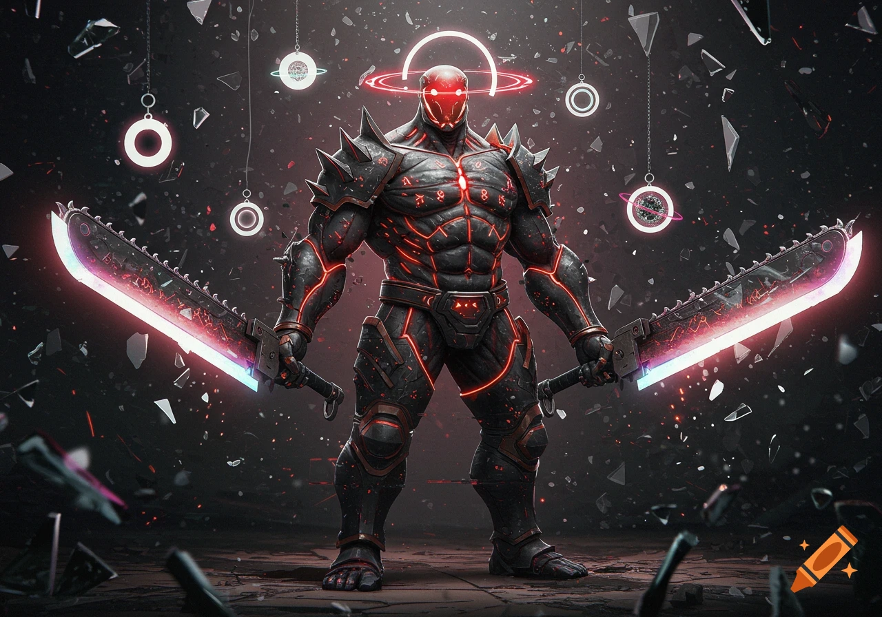 A muscular cyber-warrior in black and red glowing armor holding two giant chainsaw swords, surrounded by floating broken glass and glowing orbs in a digital void.