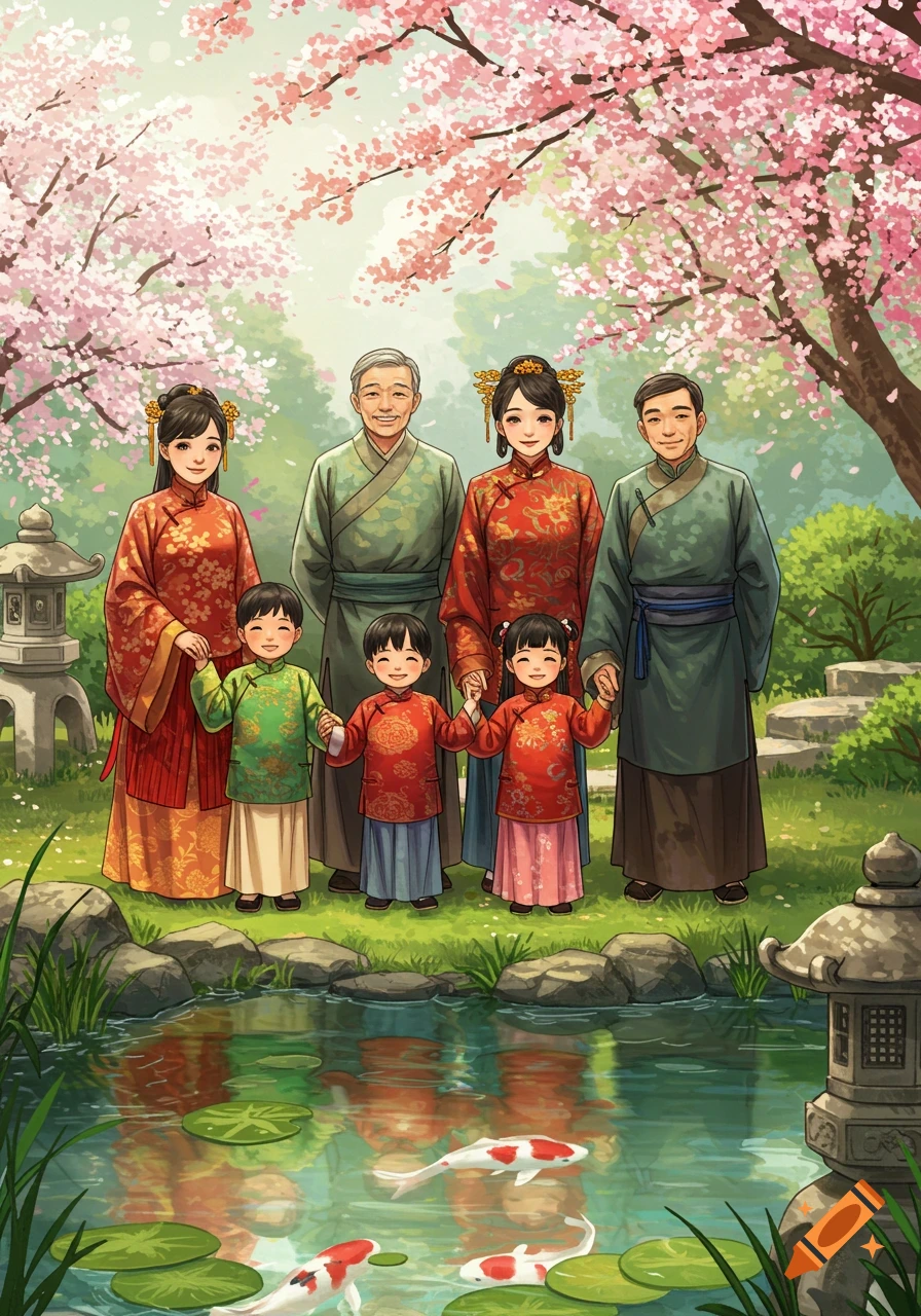 An illustrated Chinese family, including grandparents, parents, and children, stands in a cherry blossom garden by a koi pond.
