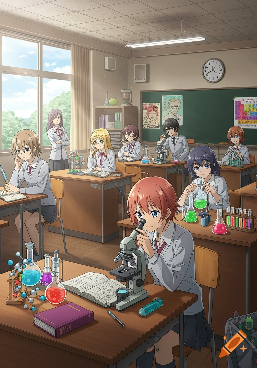 Anime students in a brightly lit science classroom. Several students conduct experiments with beakers, test tubes, and microscopes. One girl in the foreground looks into a microscope, while others work at their desks.