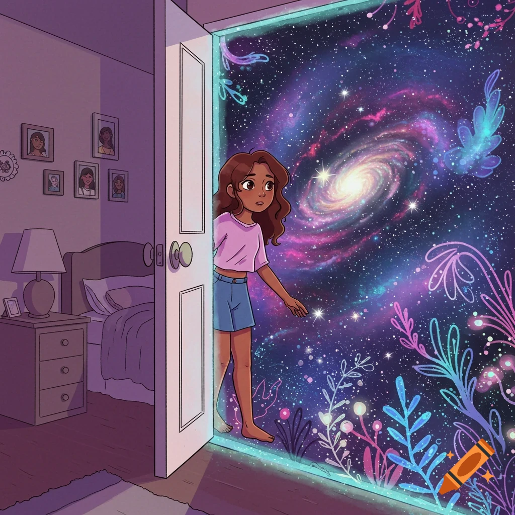 A cartoon girl opens a white bedroom door to reveal a vibrant, swirling galaxy and glowing alien plants on the other side.