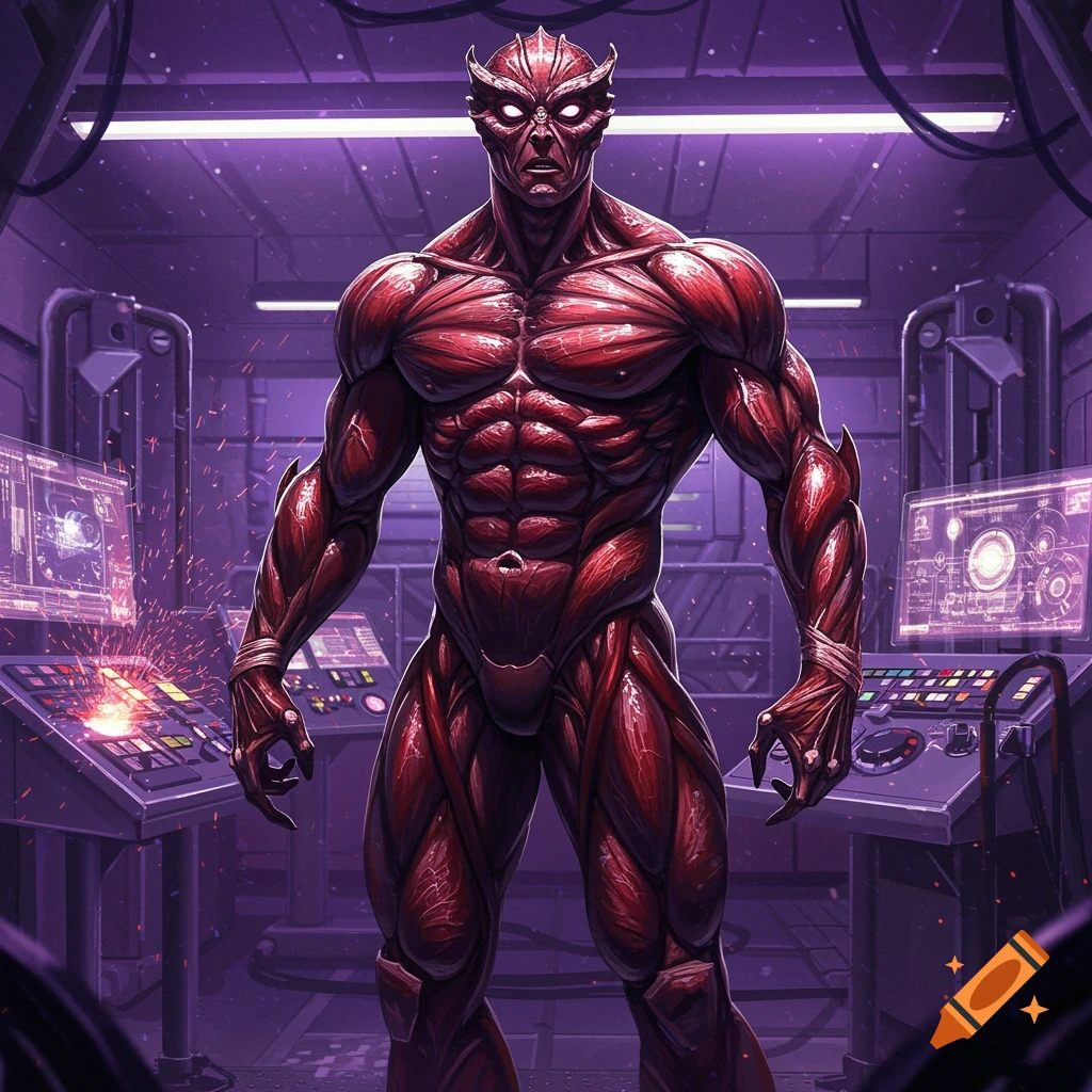 A muscular, red-skinned alien creature with glowing eyes stands in a futuristic, purple-lit lab.