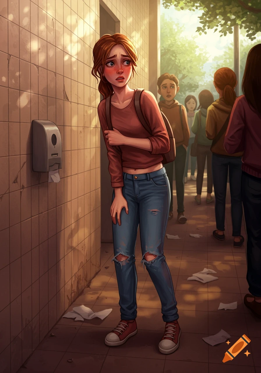 A cartoon illustration of a distressed young woman with red cheeks holding her abdomen, waiting in a tiled hallway with other people.