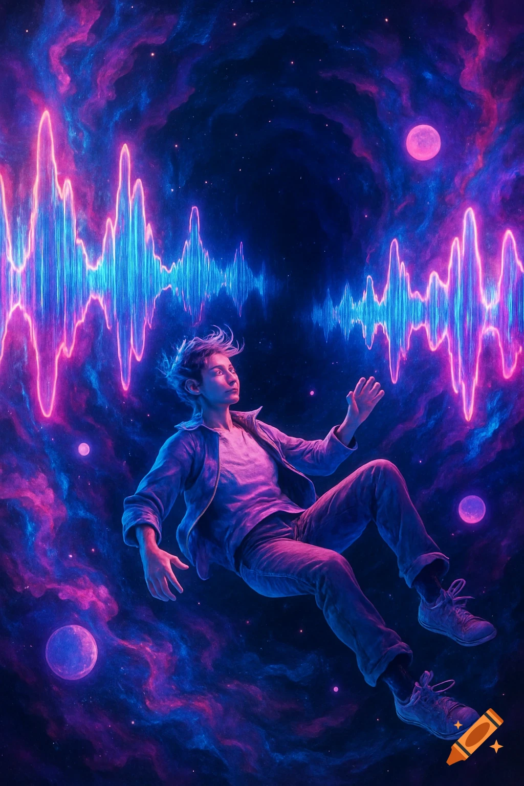 A young person floats in a vibrant cosmic void filled with glowing pink and blue sound waves and distant planets.