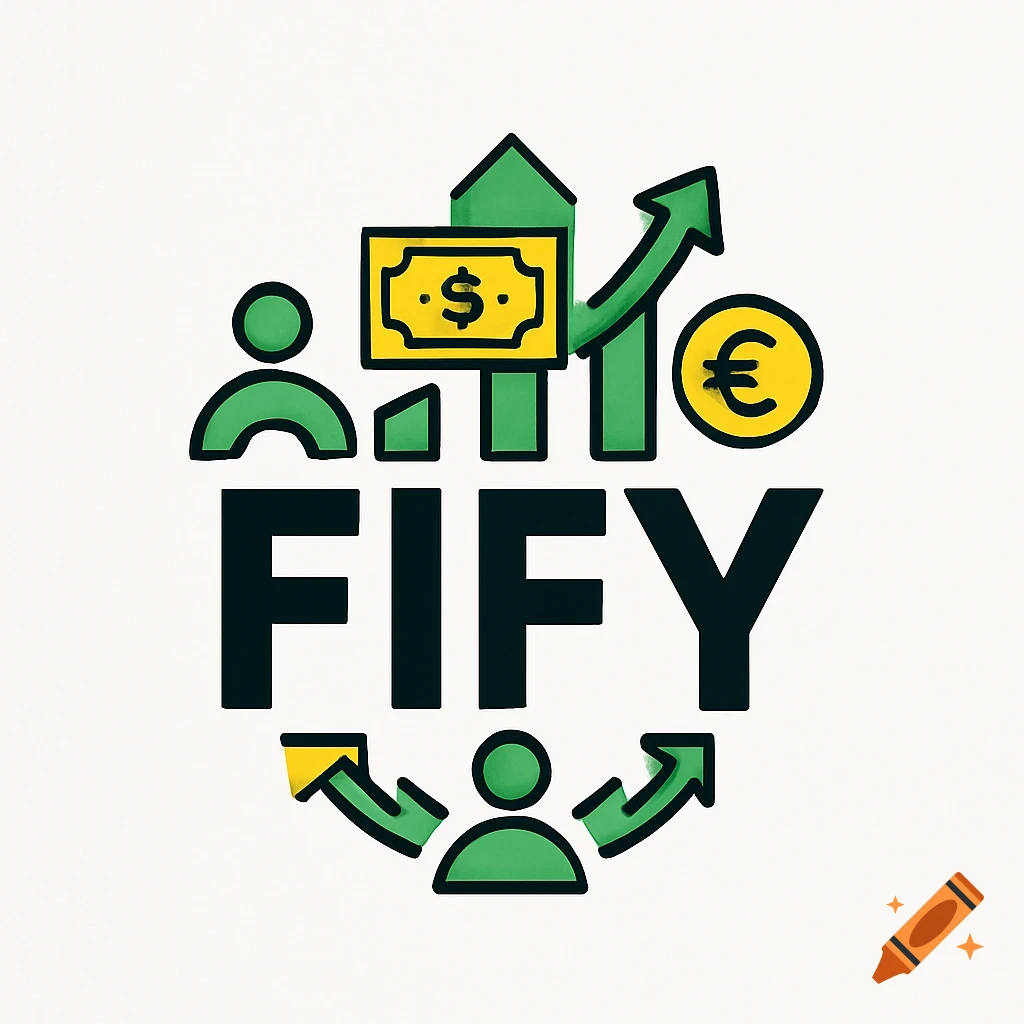 A modern logo for FIFY, featuring bold black text, green growth charts, money symbols, and a person icon with arrows, all on a white background.