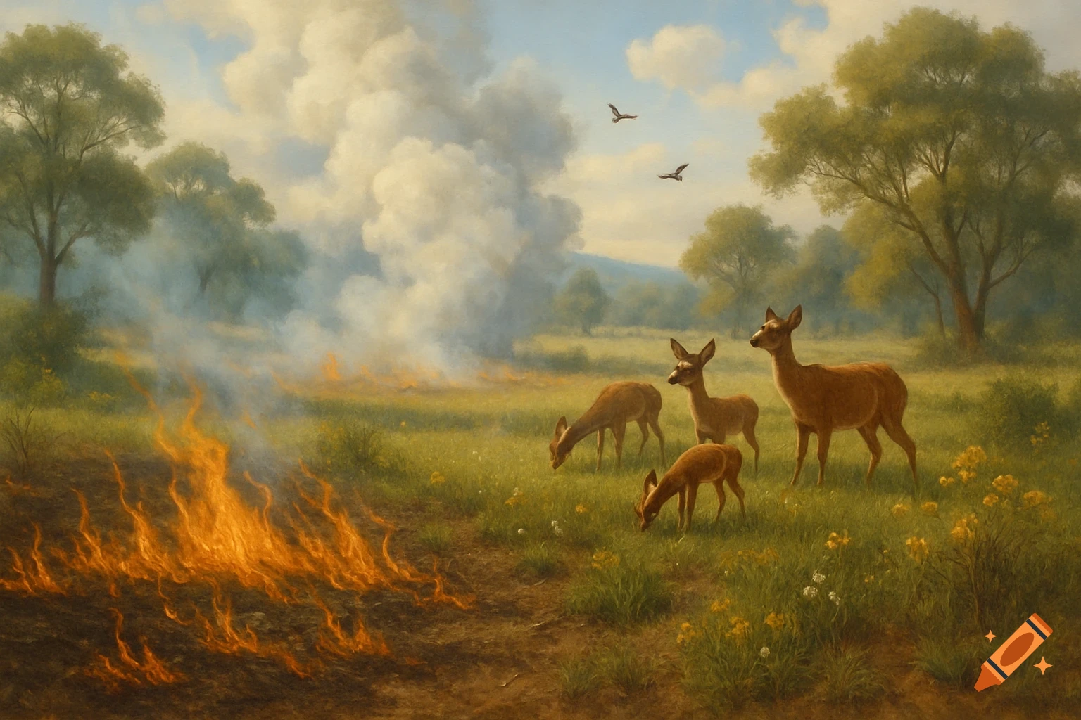 A scenic painting of a controlled burn in a grassy field with several deer grazing nearby under a cloudy sky.