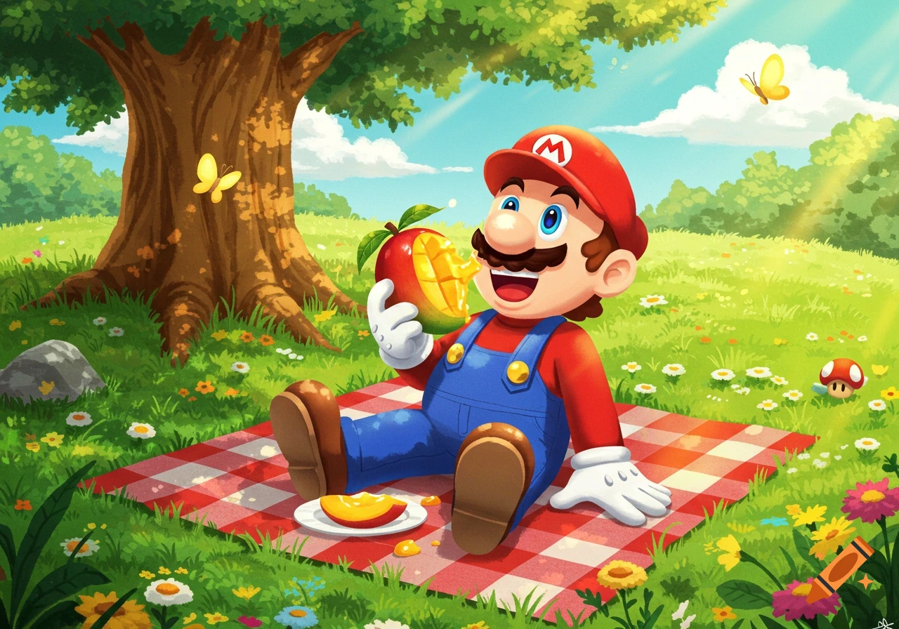 Cartoon Mario sits on a red and white checkered picnic blanket in a sunny green field, eating a mango.