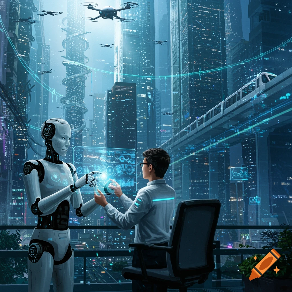 Humanoid robot and man interacting with holographic interface on balcony in a futuristic city with drones and elevated trains.