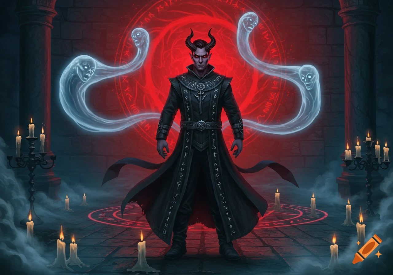 A horned man in a dark robe stands in a candlelit room with a glowing red magical circle, flanked by two floating skull-faced spirits.