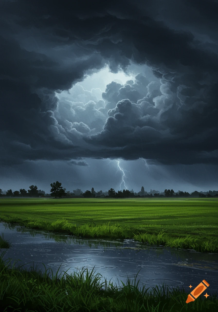 A dramatic stormy sky with lightning over a lush green field and a dark body of water reflecting the sky.