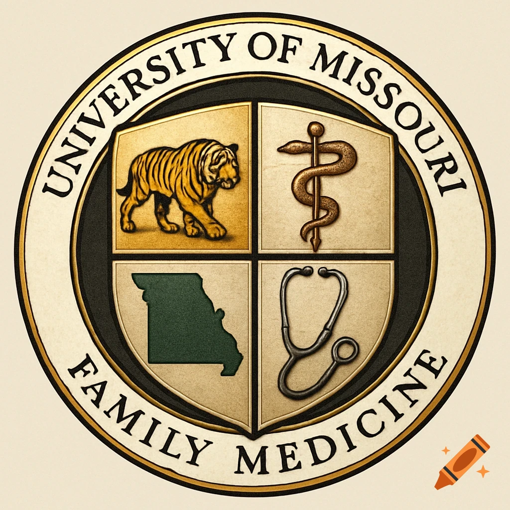 A circular university crest with a tiger, Rod of Asclepius, Missouri map, and stethoscope. Text says "University of Missouri Family Medicine".