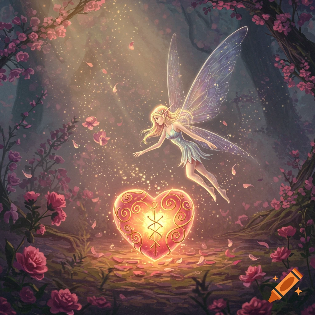 A beautiful pixie fairy with transparent wings hovers above a glowing, ornate heart symbol in a mystical forest filled with pink blossoms and sparkling light.