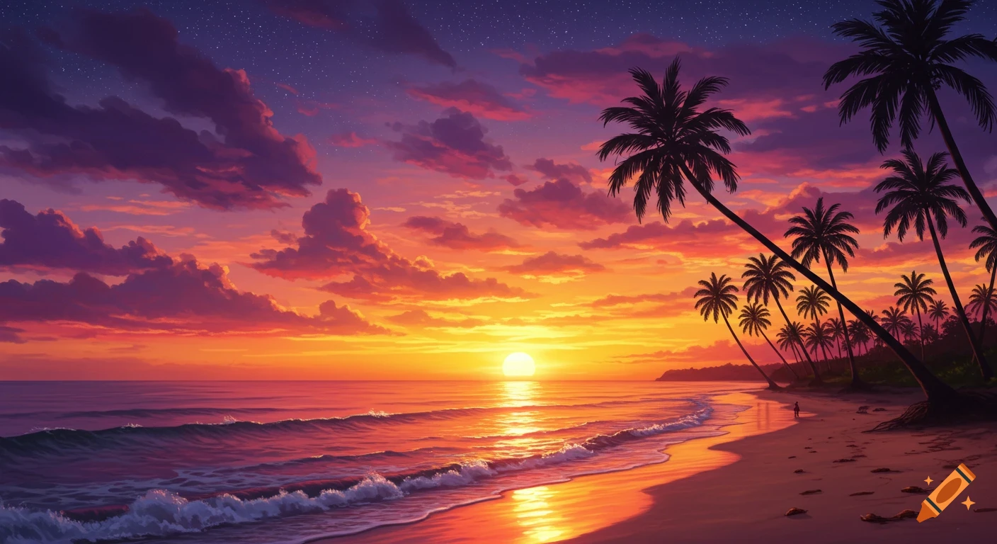 Vibrant tropical beach at sunset with silhouetted palm trees, calm ocean waves, and a colorful sky.