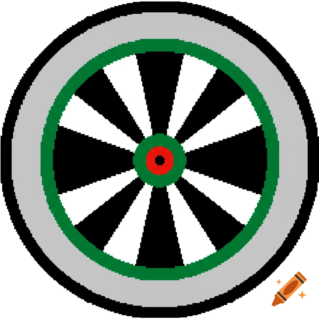 A pixel art dartboard with black and white segments, a red bullseye, and a green outer ring.