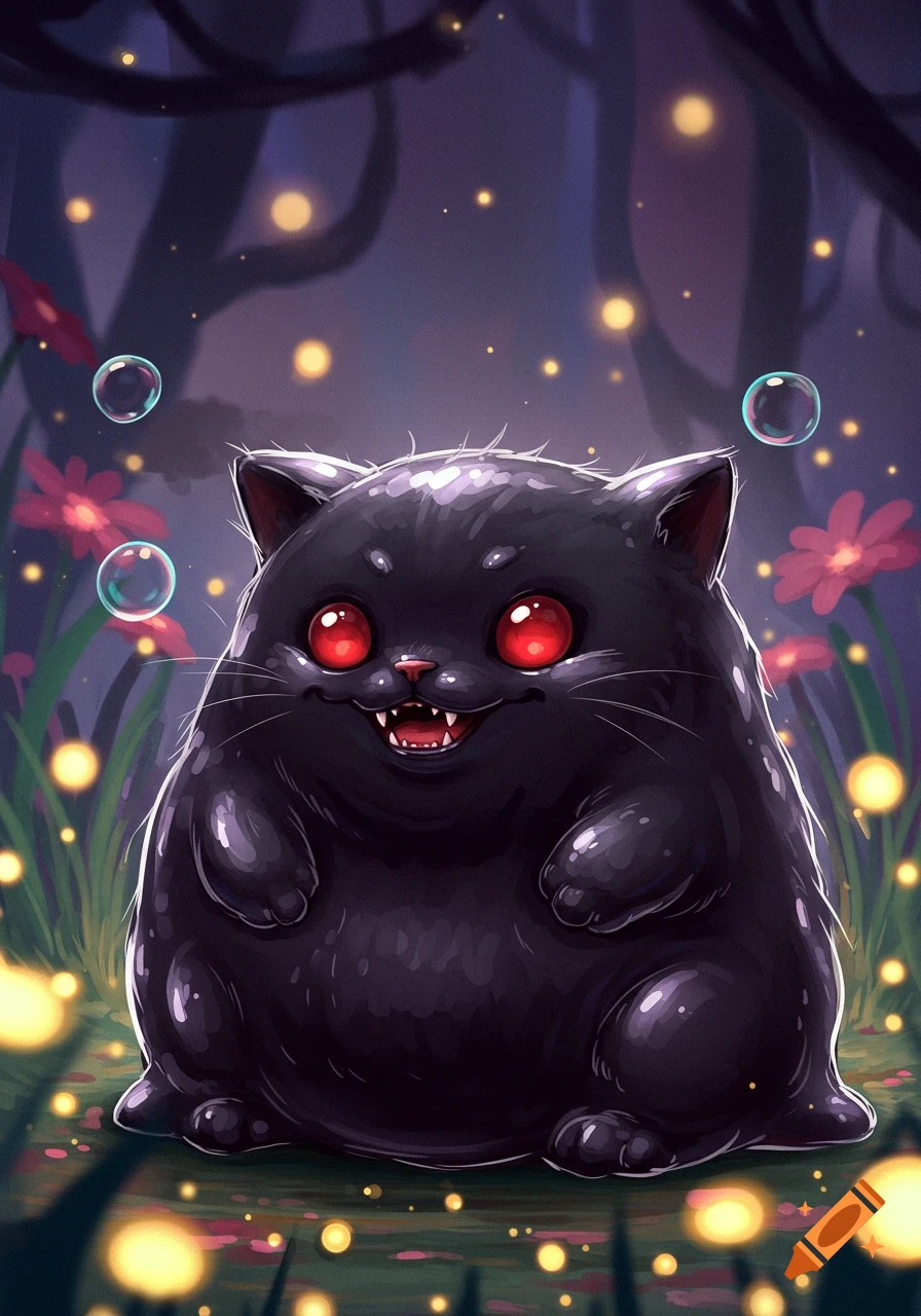 A cute, round black cat-like creature with glowing red eyes and fangs smiles in a dark, magical forest with fireflies and bubbles.