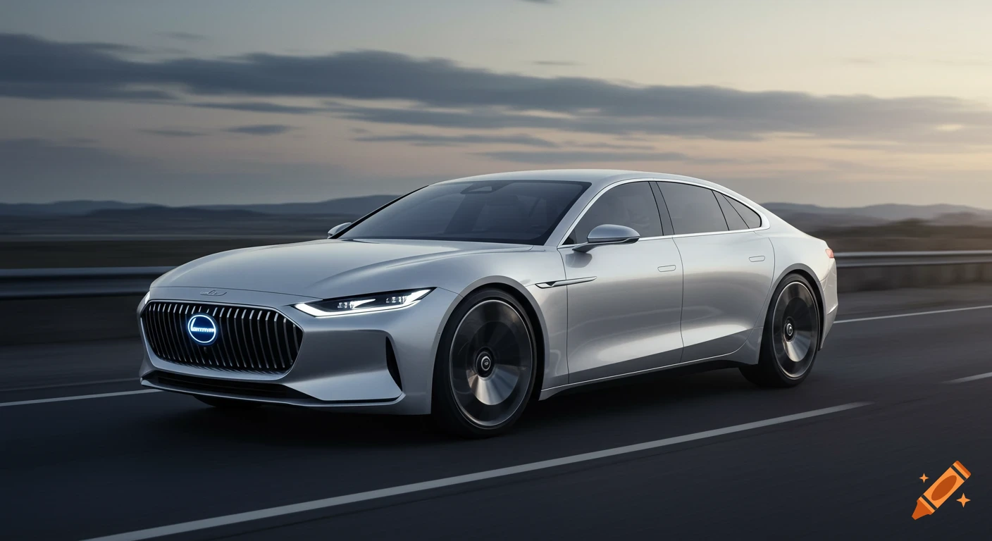 A sleek, futuristic pearl white and metallic silver sedan drives on a highway at dusk with motion blur.
