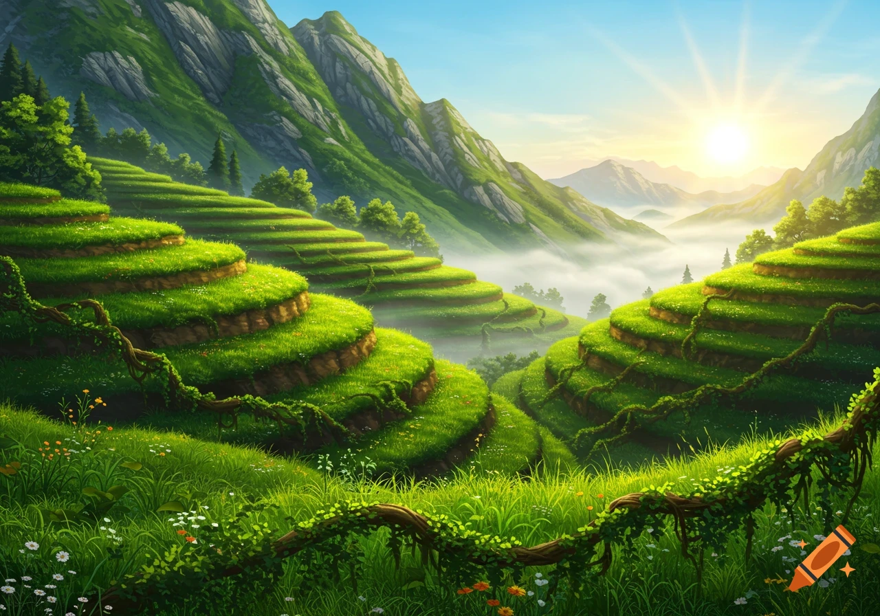 Lush green terraced fields on mountains with mist in the valley under a bright sunlit sky, art style.