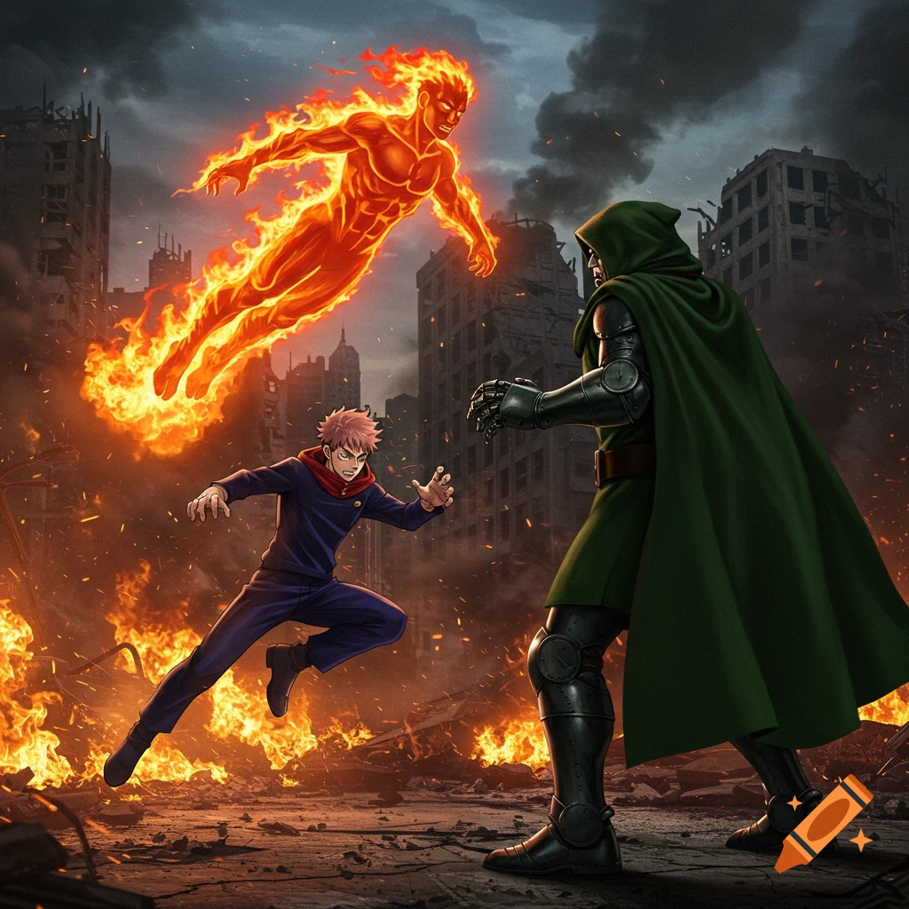 Human Torch, Yuji Itadori, and Doctor Doom battle amidst fire and ruins in a dynamic comic book style.
