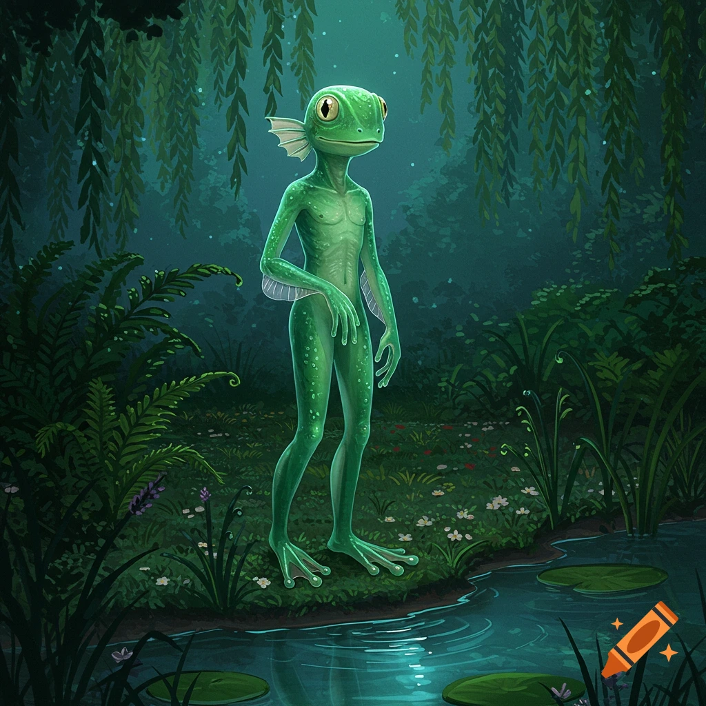 A green humanoid amphibian with large eyes and fins on its head and arms stands by a dark pond in a lush, mystic forest.