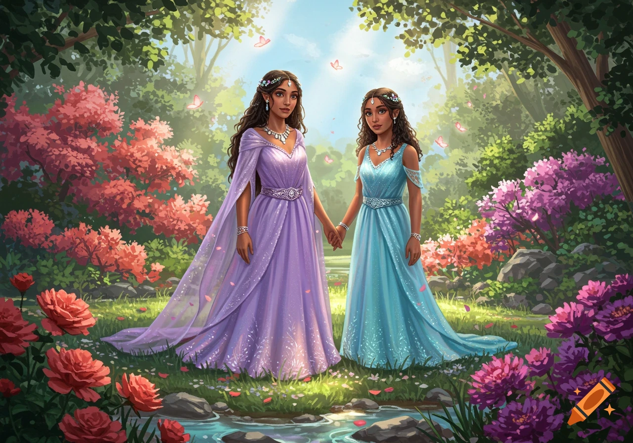 Two women in elaborate purple and blue gowns hold hands in a lush, vibrant forest filled with flowers and butterflies.