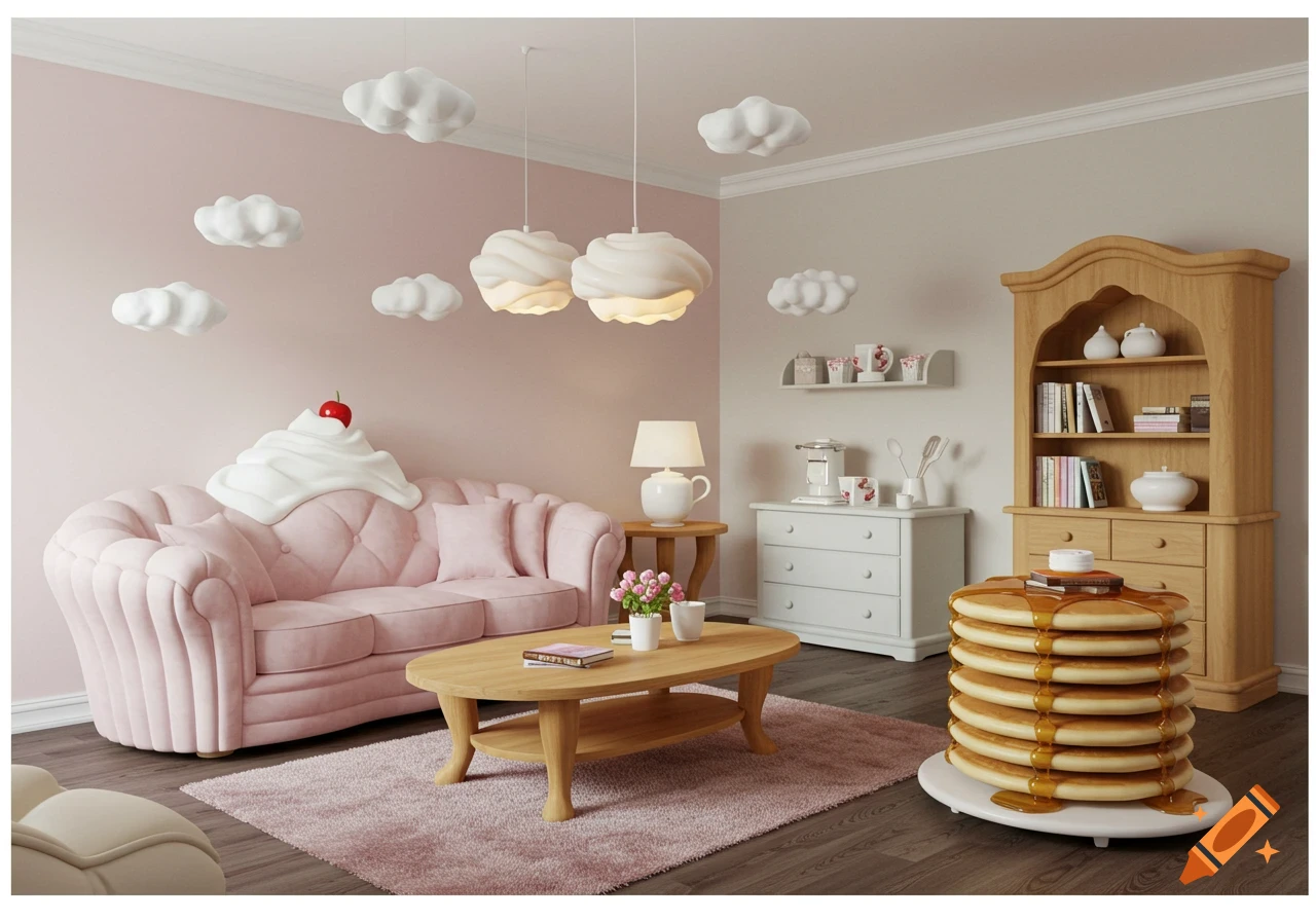 A whimsical living room with a whipped cream sofa, a stack of pancakes as a table, and cloud-shaped lighting.