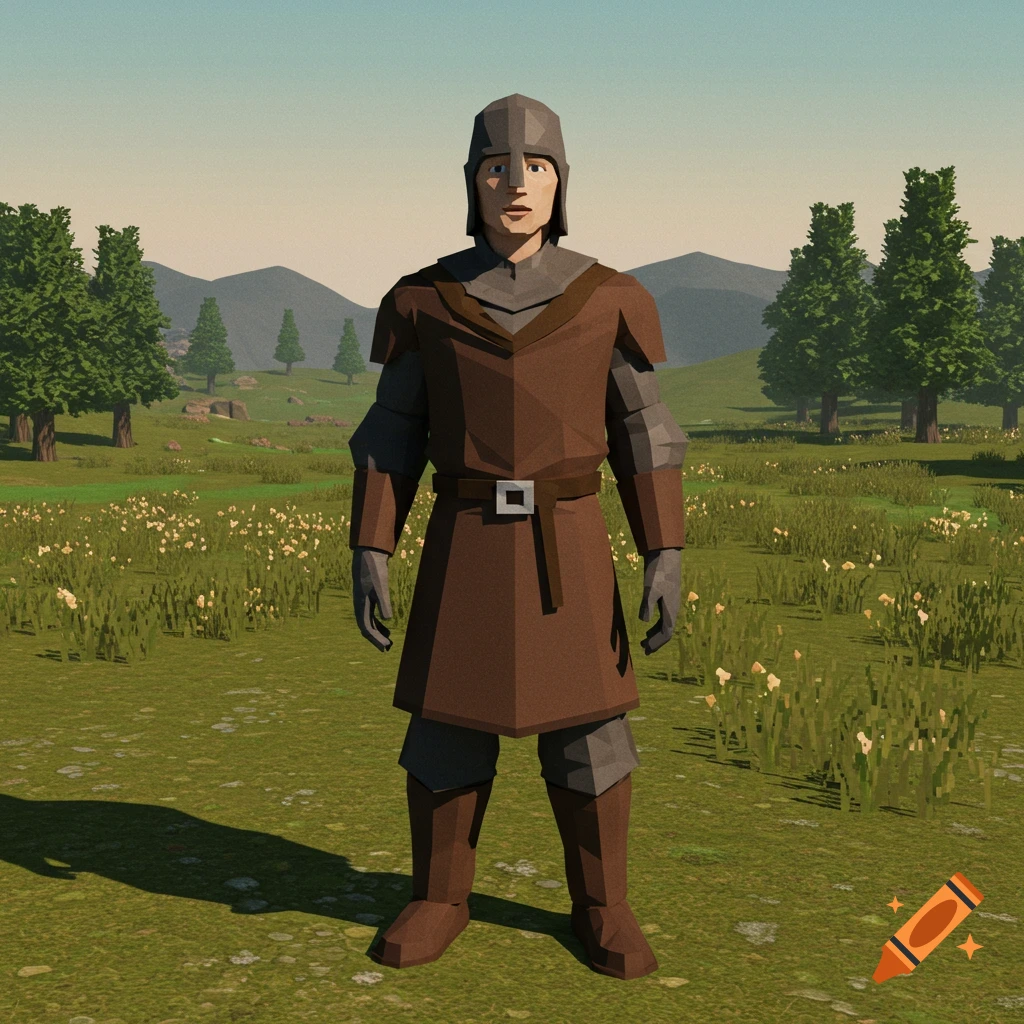 A low-polygon 3D knight stands in a grassy field with trees and mountains, in an old-school video game style.
