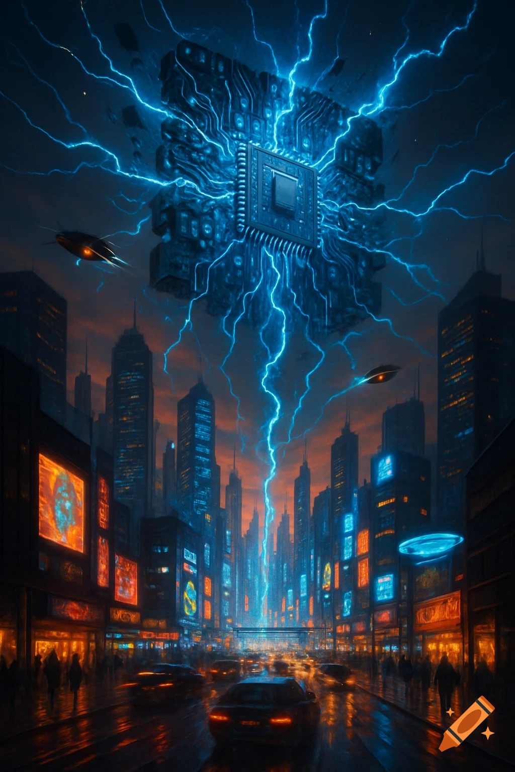 A futuristic cityscape at dusk with neon lights and a giant glowing circuit board in the sky emitting lightning.