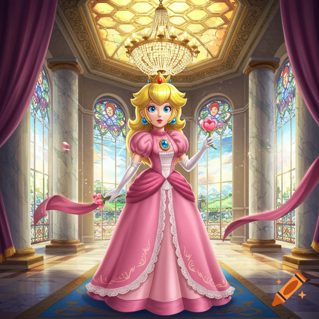 Princess Peach in a pink gown stands in a grand hall with stained glass windows and a chandelier, holding a heart-shaped flower.