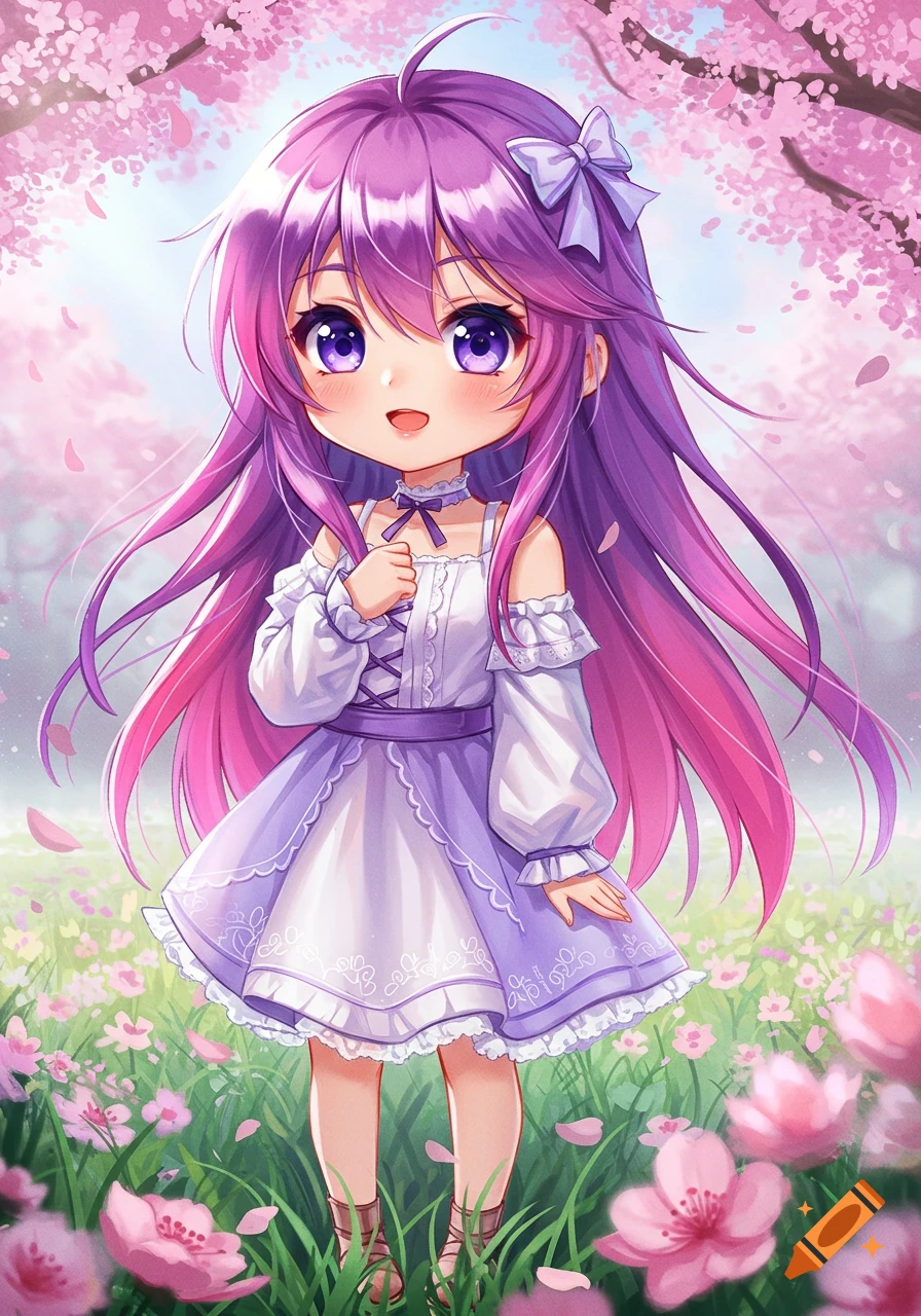 A cute anime girl with long purple hair and a white and lavender dress stands in a field of pink flowers under cherry blossom trees.