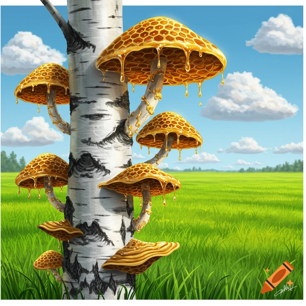 Fantasy art of honeycomb mushrooms growing on a birch tree in a lush green field under a blue sky with clouds.